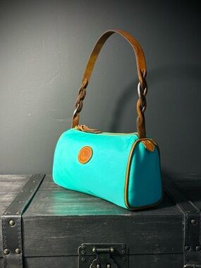 Dooney & Bourke Aqua Barrel Bag Nylon British Tan Leather Trim Y2K Style